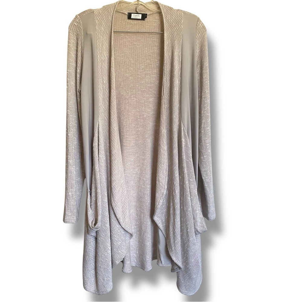 Sympli Luxe Soft Beige Draped Long Knit Ribbed Cardigan Jersey Side Paneling